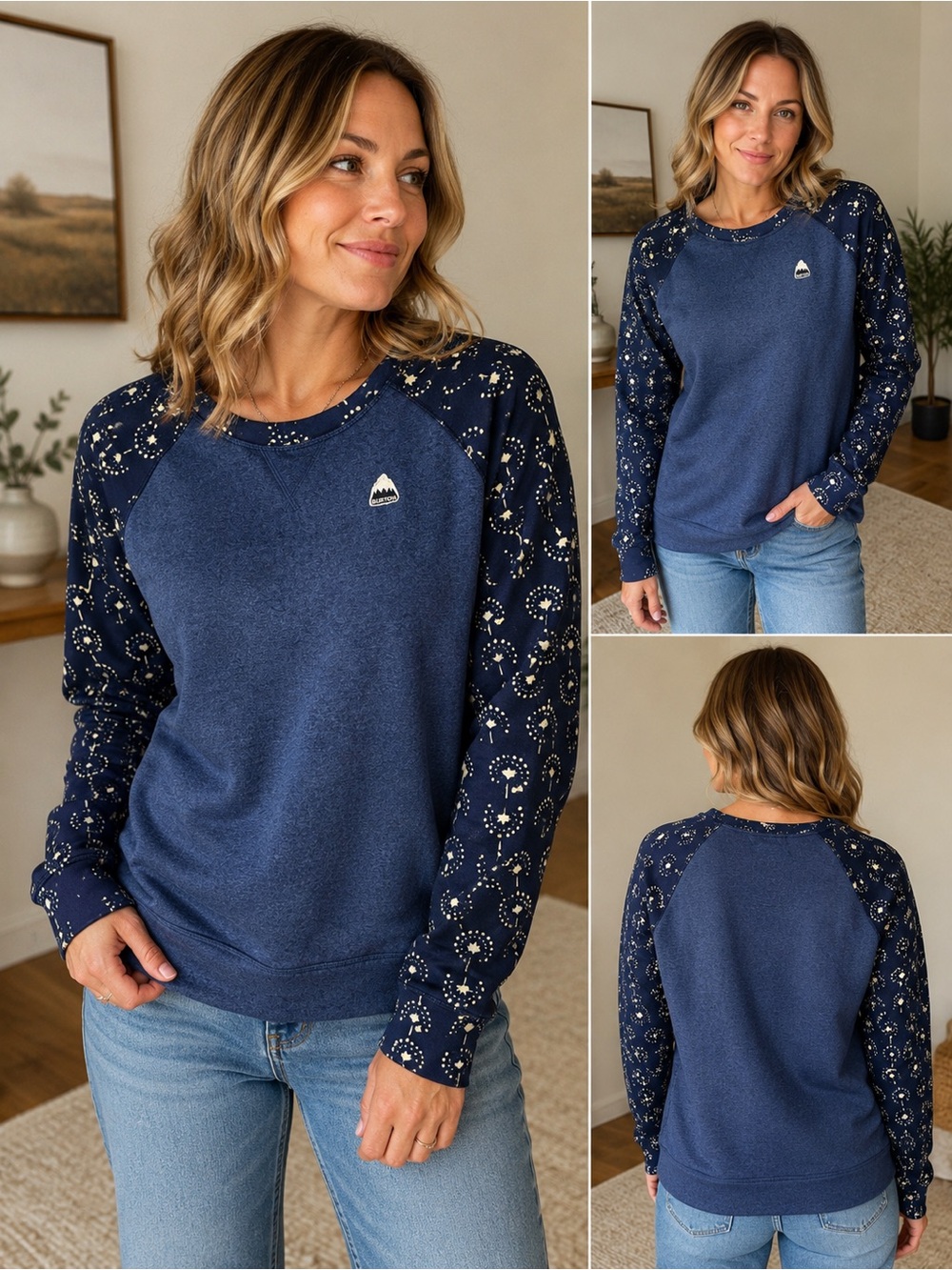 Burton Oak Crew Fleece Sweatshirt Navy Floral Raglan Sleeves L